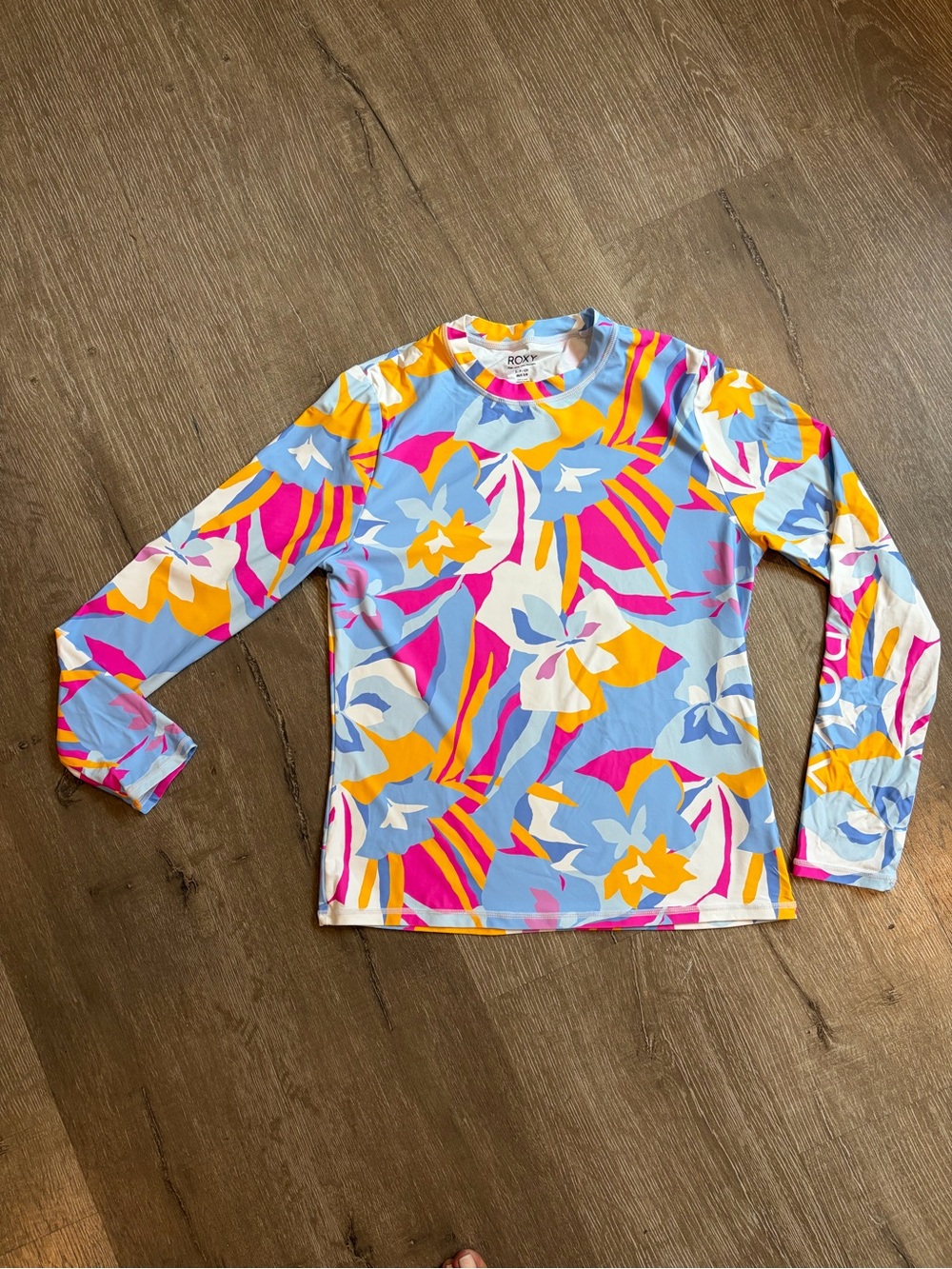 Roxy Girls' Yourh Long Sleeve Floral Rashguard - Light Blue, Pink & Yellow Sz S